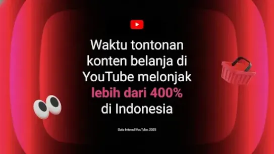 A red and black graphic featuring a YouTube logo, a shopping basket, and cartoon eyes, displaying text in Indonesian: "YouTube shopping content watch time soared over 400% in Indonesia”.