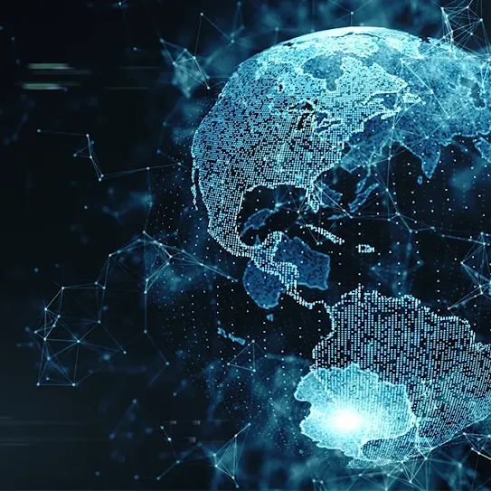 A digital, glowing blue 3D rendering of planet Earth rendered with fine dots and geometric data lines. Americas are centered, highlighted in bright cyan, with glowing nodes and interconnecting web lines radiating outward across the globe against a dark, tech-themed background.