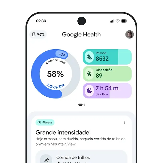 Imagem do ecrã de um smartphone com a app Google Health aberta, a apresentar um resumo de um treino.
