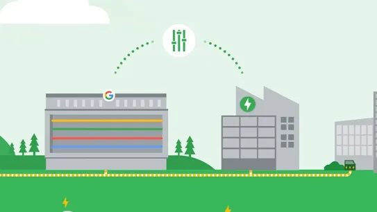 Illustration of a smart energy grid with electric vehicles on roads.