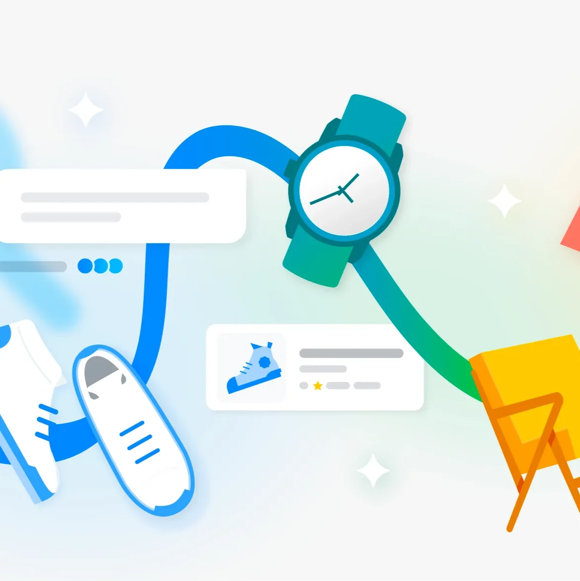 Consumer products connected by ribbons.