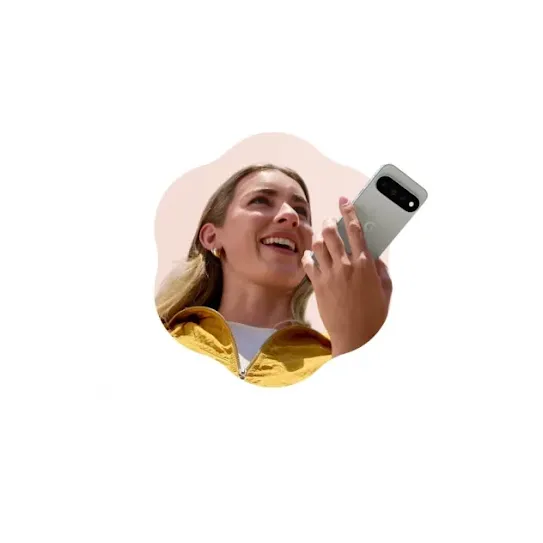 A smiling person in a yellow jacket holds up her Google Pixel phone. The image is displayed in a circular frame against a white background. A text bubble appears with a long message.