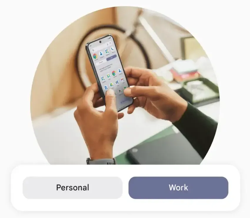 A circular frame shows hands holding a cell phone inside an office with a bike in the background. The phone screen shows numerous apps. Below is an interface with two buttons that say ‘Personal’ and ‘Work’ are at the bottom.