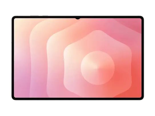 Samsung Tab S11 Ultra with a pink-red abstract wallpaper on screen.