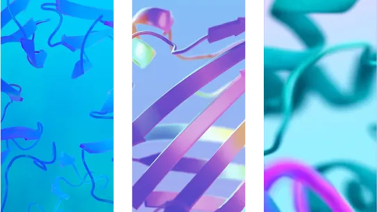 A set of graphic panels showing abstract renderings of protein or molecular structures with helical elements, representing the impact of AlphaFold.