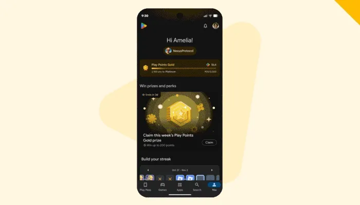 A phone screen displays the "You" tab of the Play Store. Play Points status and achievements are displayed as well as recently played games and relevant offers.