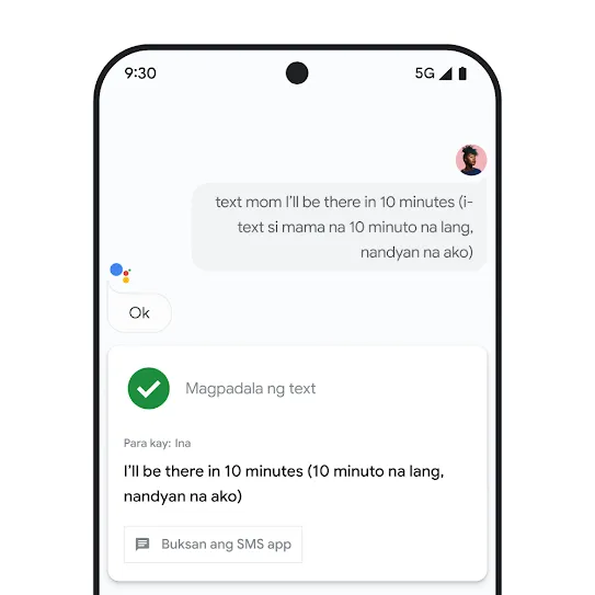 Visual ng screen ng smartphone na nakabukas ang Google Assistant, na nagpapakita ng pakikipag-interact gamit ang boses para makapagpadala ng text sa isang miyembro ng pamilya.