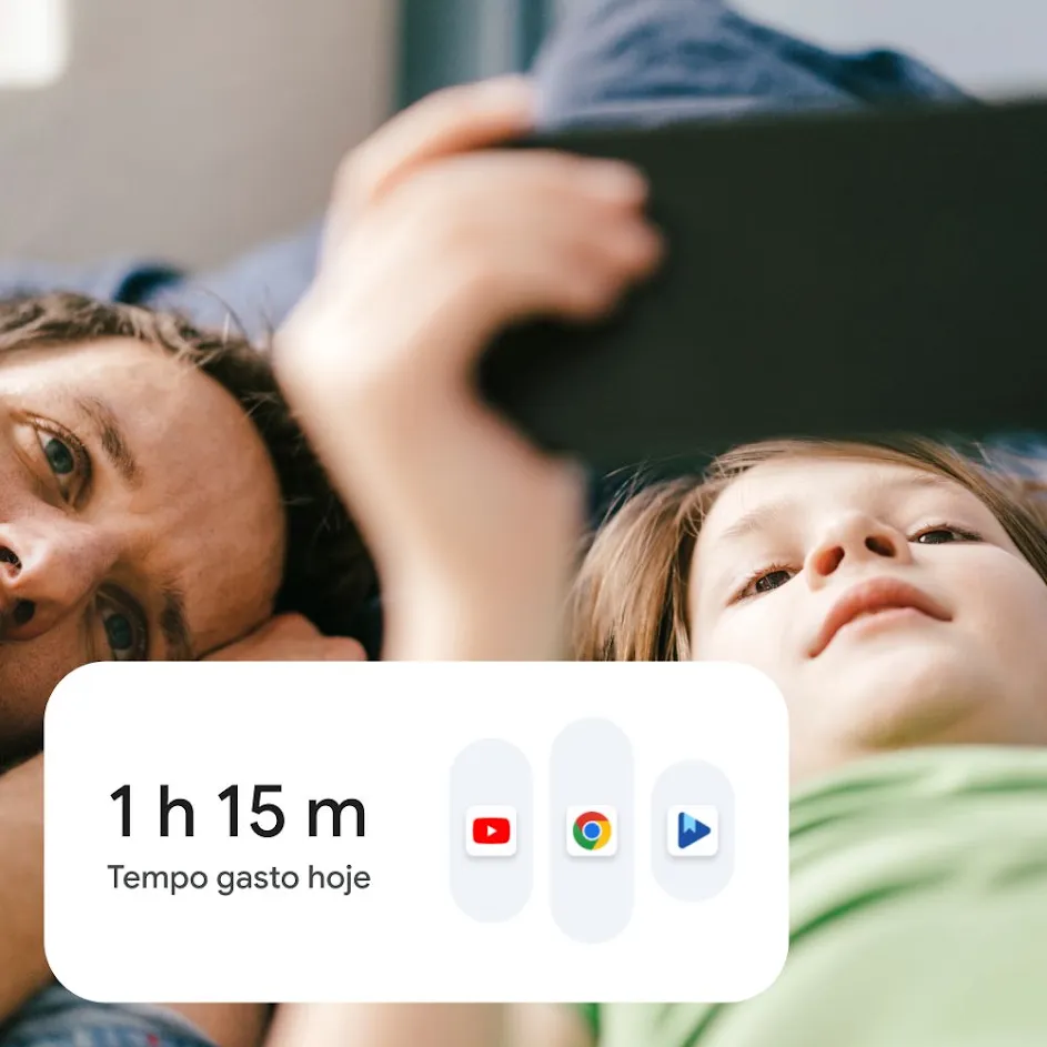 Fotografia de um pai e um filho deitados juntos em casa, a ver conteúdo num smartphone com expressões felizes. Na parte superior esquerda, um ícone do perfil do utilizador da criança está sobreposto na fotografia. No canto inferior esquerdo, uma interface do utilizador para as definições do tempo ao ecrã está sobreposta à fotografia. 