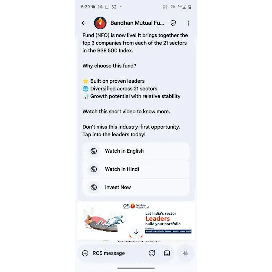 Bandhan AMC announces a new fund to investors with videos in English and Hindi via RCS for Business.