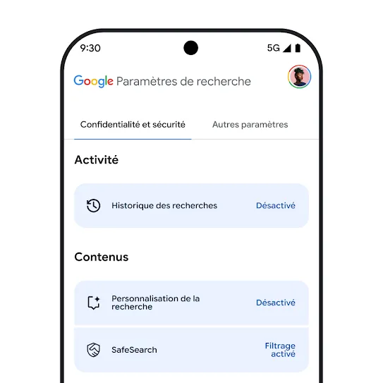 Image des paramètres de la recherche Google sur l'écran d'un smartphone, qui inclut les paramètres de l'historique de recherche, de la personnalisation de la recherche et de SafeSearch.
