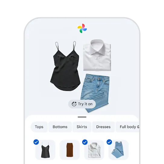Selecting items of clothing to create an outfit, and trying it on virtually in Google Photos wardrobe on an Android phone.