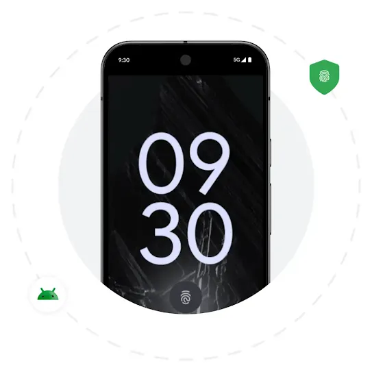 An Android screen shows the digital time with a fingerprint icon on the bottom. Behind the phone is a grey solid circle and a dashed circle right outside it. Two icons are scattered around the dashed circle. One is the Android bot and the other is a green shield with a white fingerprint icon in the middle.