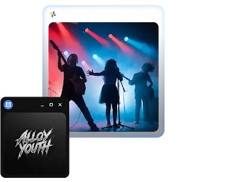 Glowing cursor selecting a concert photo and band logo, with typed AI prompt; “Combine these images to make a band poster for my kid.”