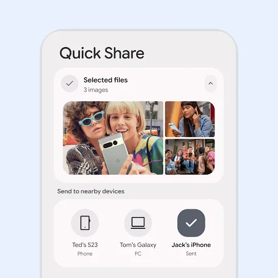 An android interface displays options for using the Quick Share feature. An image gallery appears with photos available for selection. Below, nearby devices appear in bubbles with one selected to share images to.