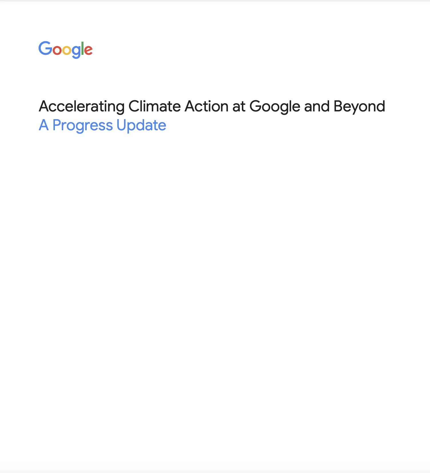 Cover image of a white paper titled: Accelerating Climate Action at Google and Beyond: A Progress Update