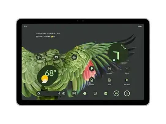 A Pixel tablet with a green wallpaper on screen and pricing details to shop now.