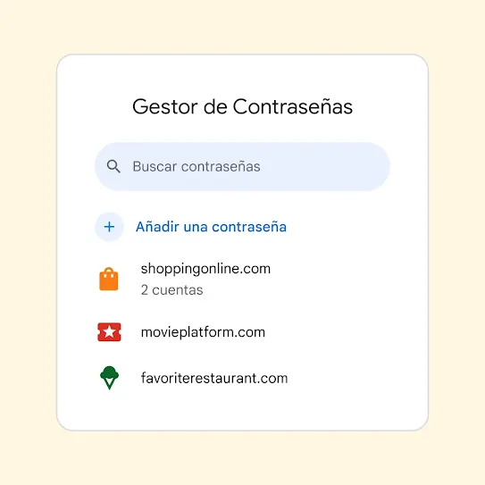 Interfaz del Gestor de Contraseñas con un campo para "Buscar contraseñas" encima de un enlace para "Añadir contraseña".