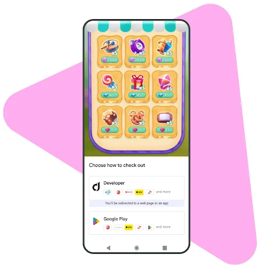 A phone screen shows how users can select alternative billing systems within the Play Store to complete their purchase of an app.