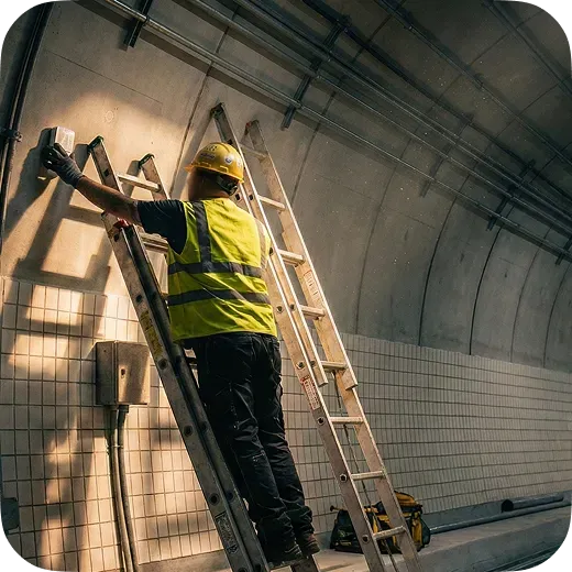 Technician installing a Waze Beacon hardware device on a tunnel wall for underground GPS navigation