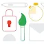 A collection of stylized, colorful icons including a white stylus, a red padlock with a keyhole, a green paintbrush, a yellow stopwatch, and a gray envelope, representing a mix of creative and security tools.