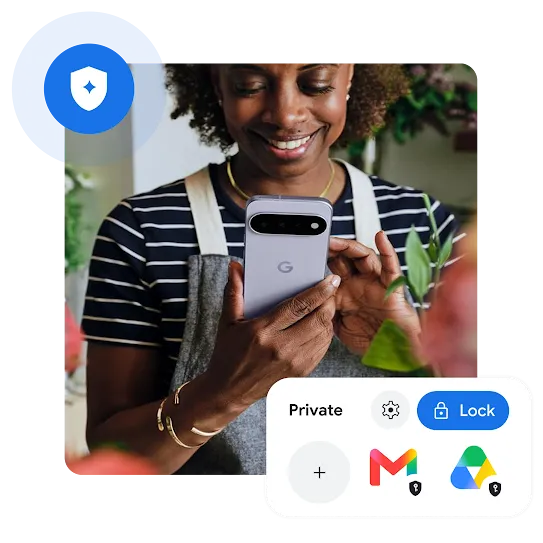 A smiling woman holding a smartphone, with graphic overlays showing a blue security shield and a "Private" interface locking apps like Gmail and Google Drive.