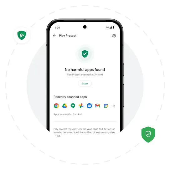 An Android screen shows an example of the Google Play Protect interface. Behind the phone is a grey solid circle and a dashed circle right outside it. Two green Google Play Protect icons are scattered around the dashed circle.