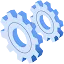 3D isometric illustration of two interlocking light blue gears, representing technical systems, mechanical innovation, and the inner workings of AI technology.