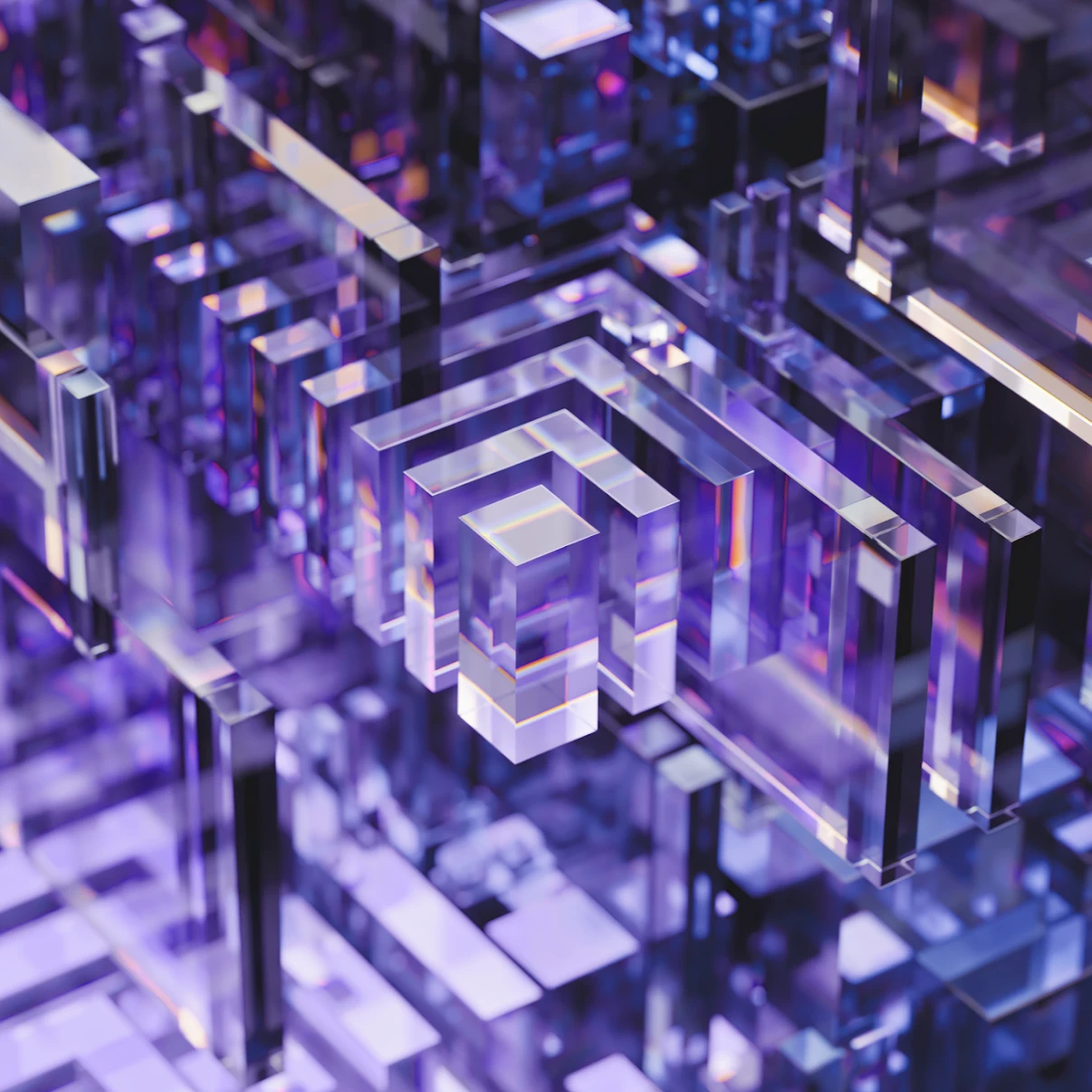 Glasslike purple cubic structures that represent the levels of AGI framework