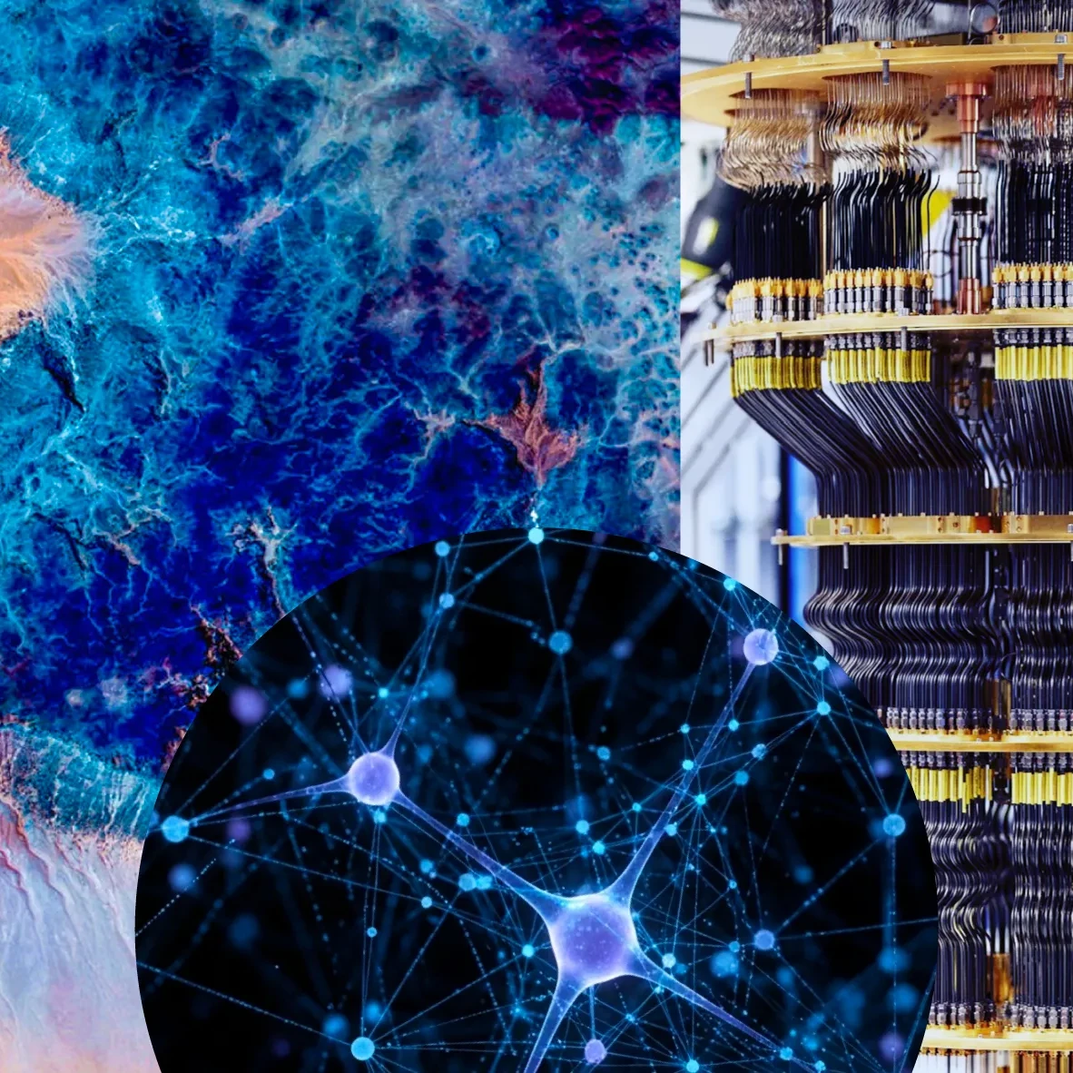 Aerial view of orange and blue earth beside a quantum computer chassis, overlaid with a glowing blue neural network diagram.