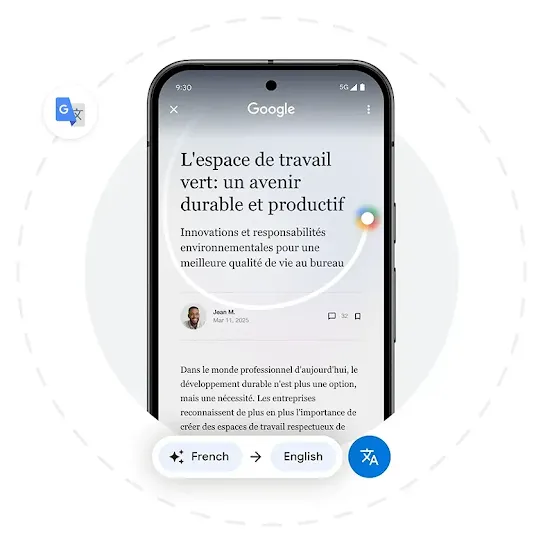 A phone screen shows a lifestyle image and an abstract example of how Circle to Search can translate what’s on the screen.