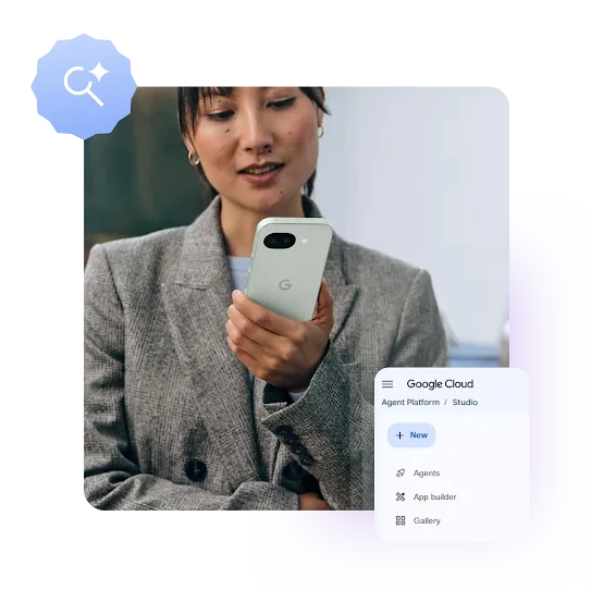 A woman in a gray blazer looks at a smartphone while a graphic overlay displays the Gemini Enterprise Agent Platform with options for Multimodal, Vision, Language, Speech, and Code.
