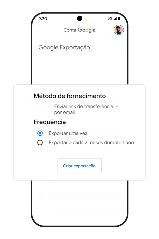Imagem de um telemóvel com a IU das opções de portabilidade de dados.