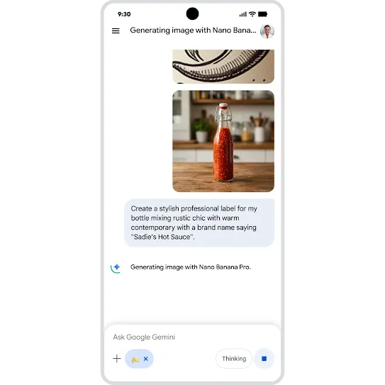 Asking Nano Banana Pro in Gemini on an Android phone to create a stylish professional label for a bottle mixing rustic chic with warm contemporary with a brand name saying "Sadie's Hot Sauce". And then asking it to make the aspect ratio 16:9.