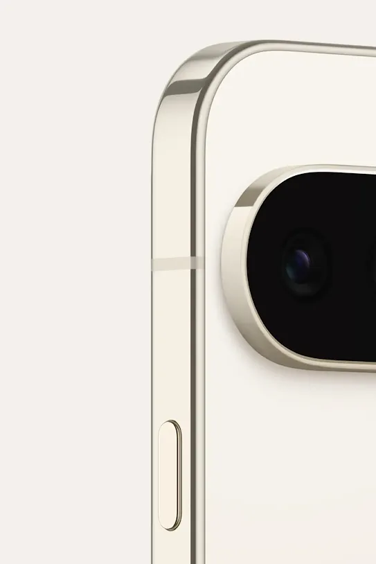 A close up of the back of a porcelain Google Pixel 10 phone and a gray Google Pixel 10 Pro Fold.