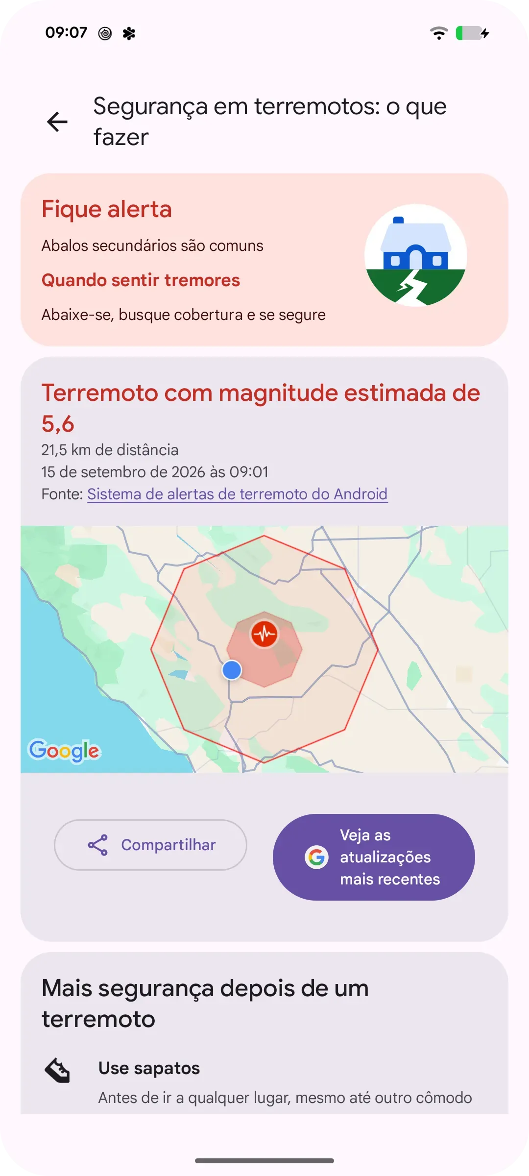 Imagem da interface de um smartphone mostrando informações de segurança e emergência para momentos após um terremoto, como "comprar sapatos", "verificar o gás" e "evitar prédios danificados" 