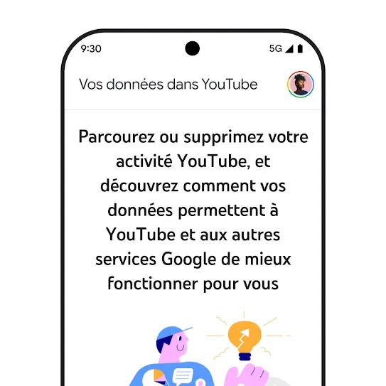 Image de l'écran d'un téléphone intelligent avec YouTube ouvert, affichant un message d'information sur « Vos données dans YouTube », y compris des détails sur la navigation et la suppression de l'historique des activités.