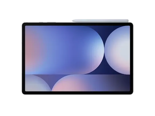Samsung Tab S10+ with a blue-grey abstract wallpaper on screen and pricing details to pre-order.