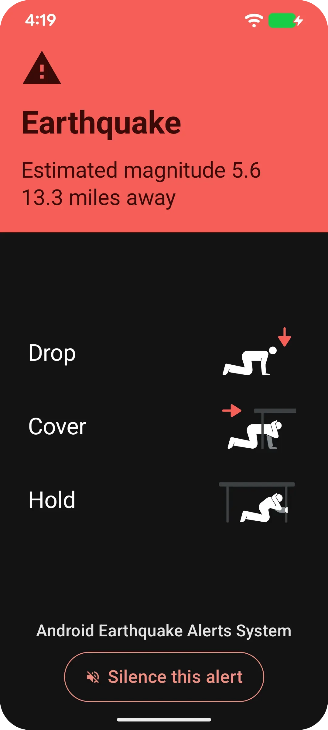 Phone UI with steps for Earthquake safety, Including drop cover and hold