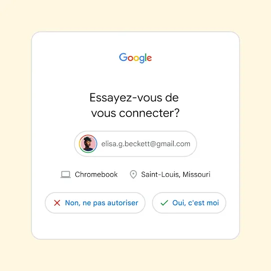 Interface de la validation en deux étapes demandant « Essayez-vous de vous connecter? » avec des boutons pour « Non, ne pas autoriser » et « Oui, c'est moi ».