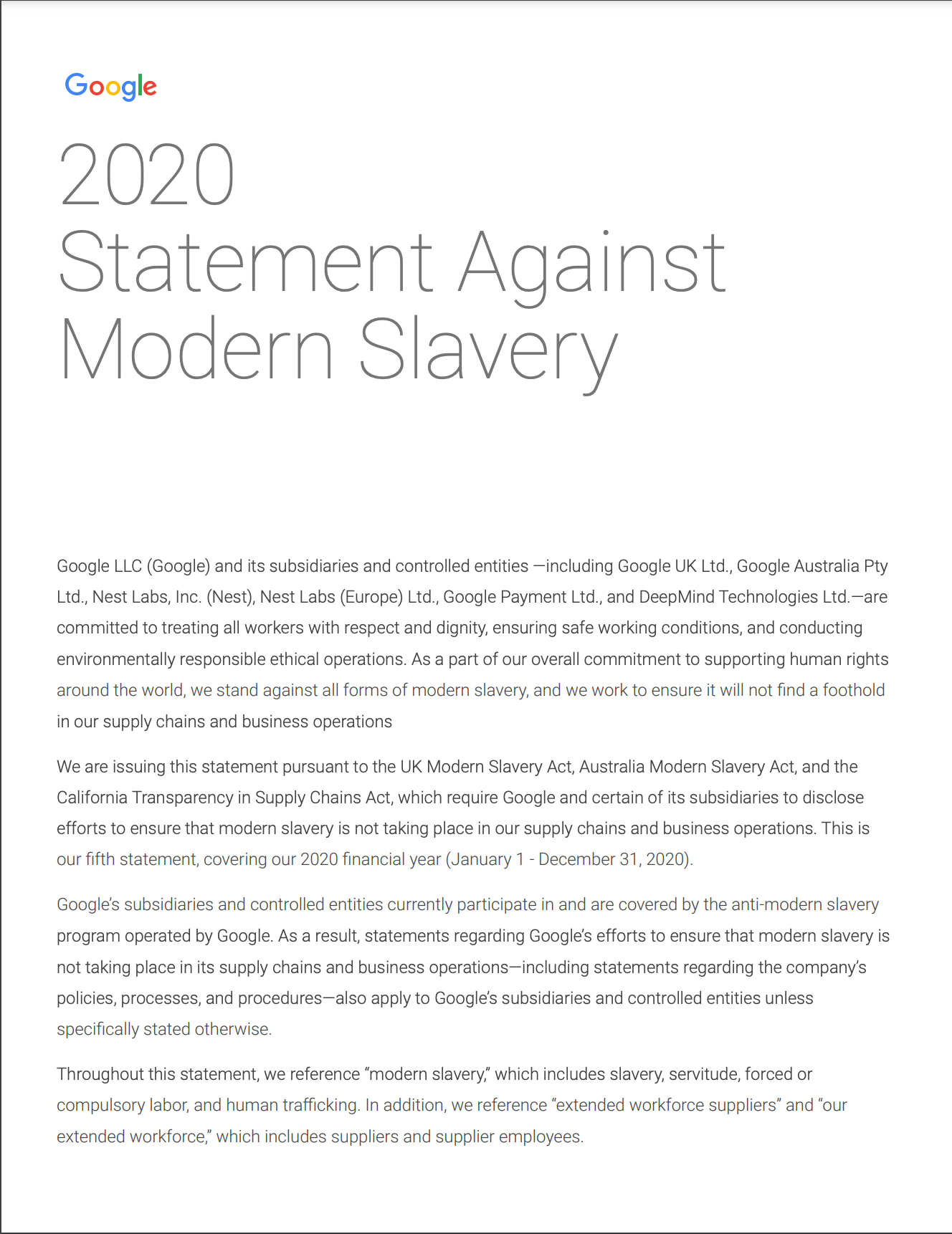 Cover image of the 2020 Statement Against Modern Slavery