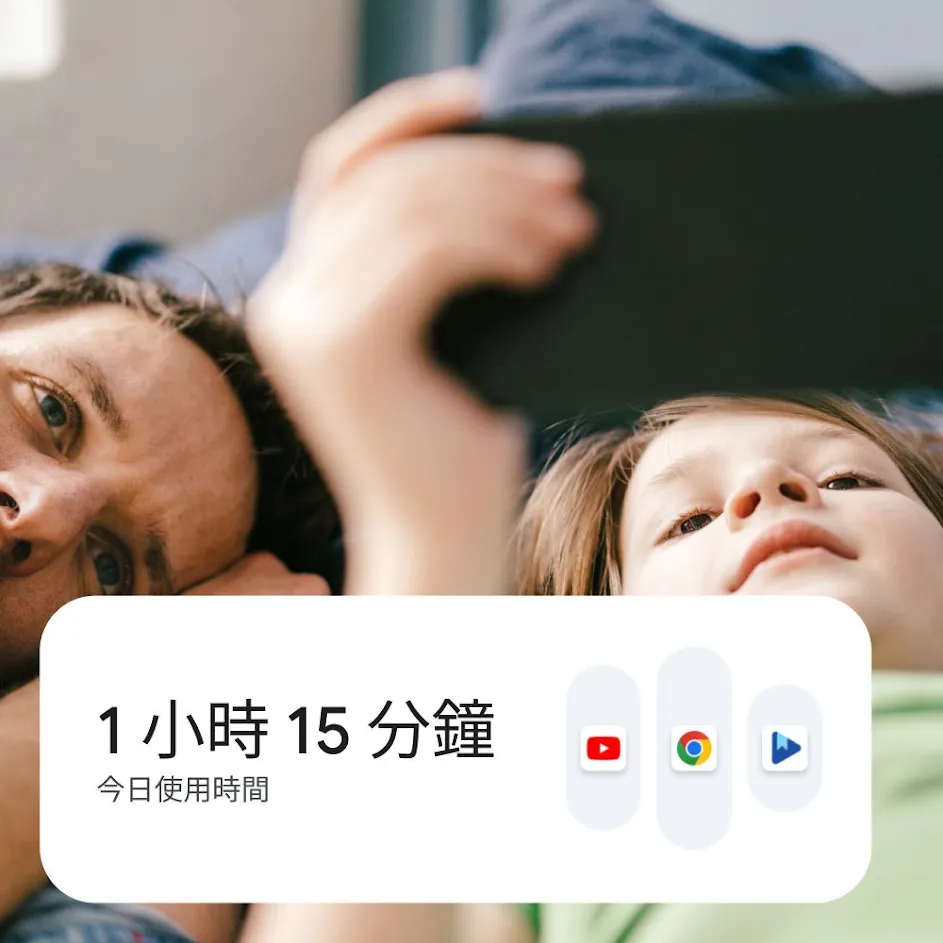 在相片中，一對父子躺在家裡使用智慧型手機觀看內容，臉上帶著開心的表情。在左上方，可看到孩童使用者個人資料圖示疊加在相片上。在左下角，則可看到螢幕時間設定的使用者介面疊加在相片上。