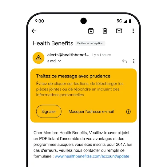 Image d'un e-mail dans Gmail sur l'écran d'un smartphone, montrant une alerte de sécurité concernant une potentielle tentative d'hameçonnage.