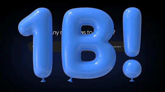 Two large, glossy blue balloons in the shape of the number "1" and the letter "B" against a dark background.