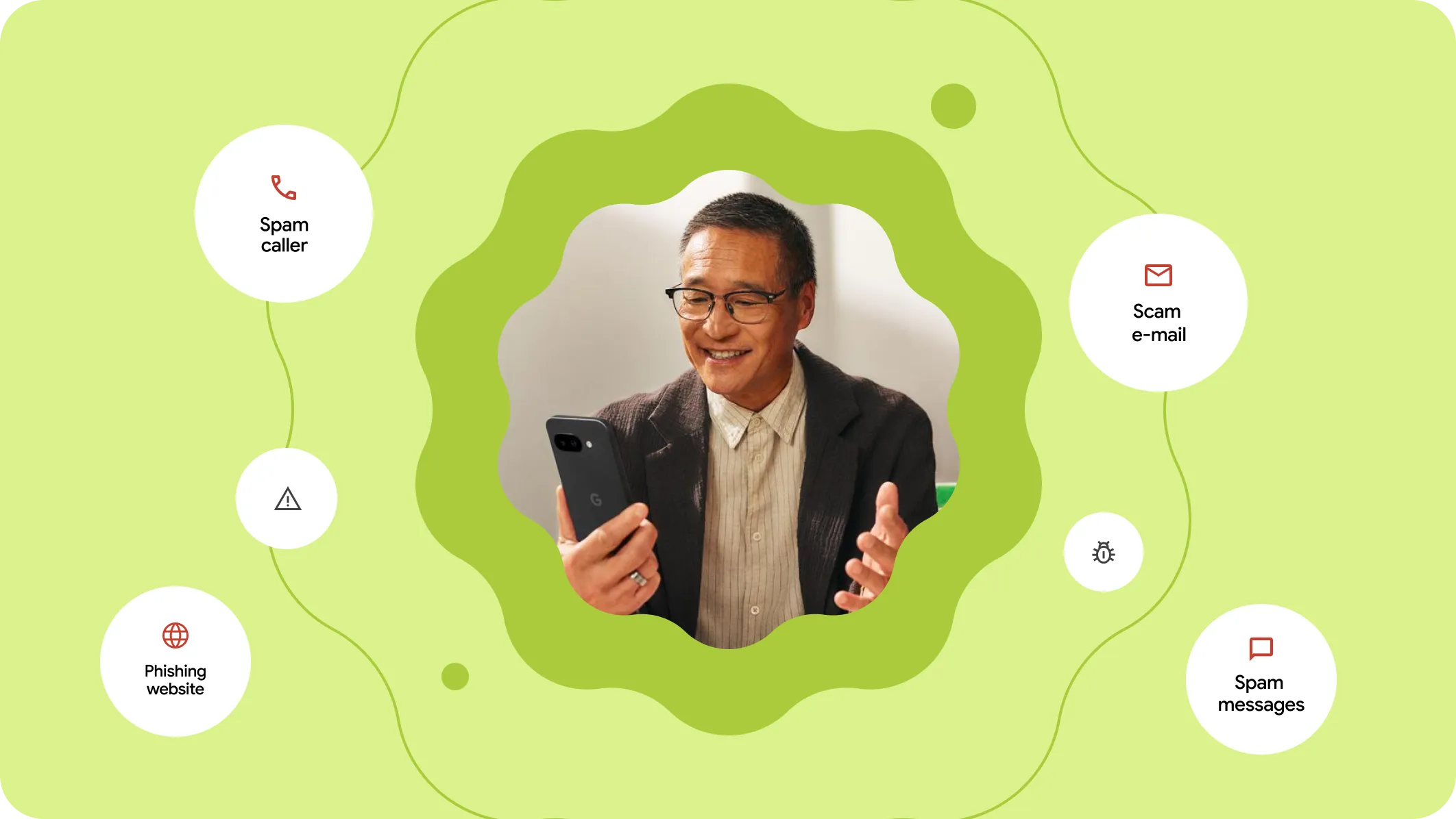 A close up of a person using their phone. Animated icons and text for scam email, spam messages, suspected spam caller and phishing website hover on the periphery of the person’s image.