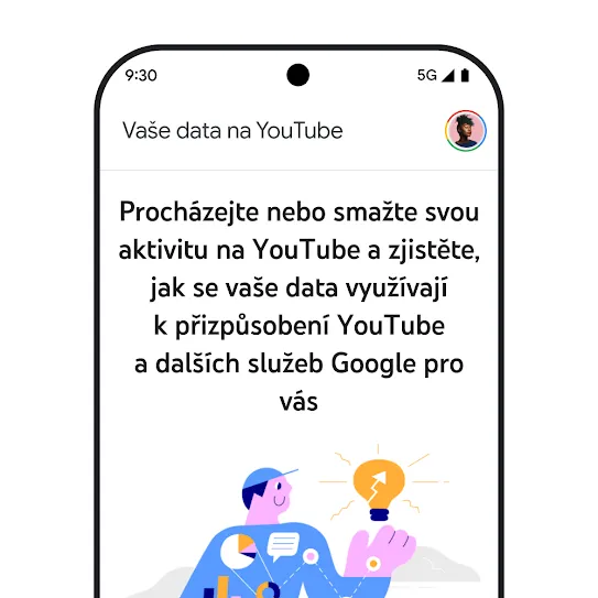 Vizualizace obrazovky chytrého telefonu s otevřenou aplikací YouTube, na které je informační zpráva o sekci Vaše data na YouTube s podrobnostmi o prohlížení a mazání historie aktivit.