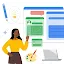 A vector illustration of a woman in glasses pointing to user interface mockups, surrounded by a lightbulb, a pencil, a paintbrush, and a color palette.