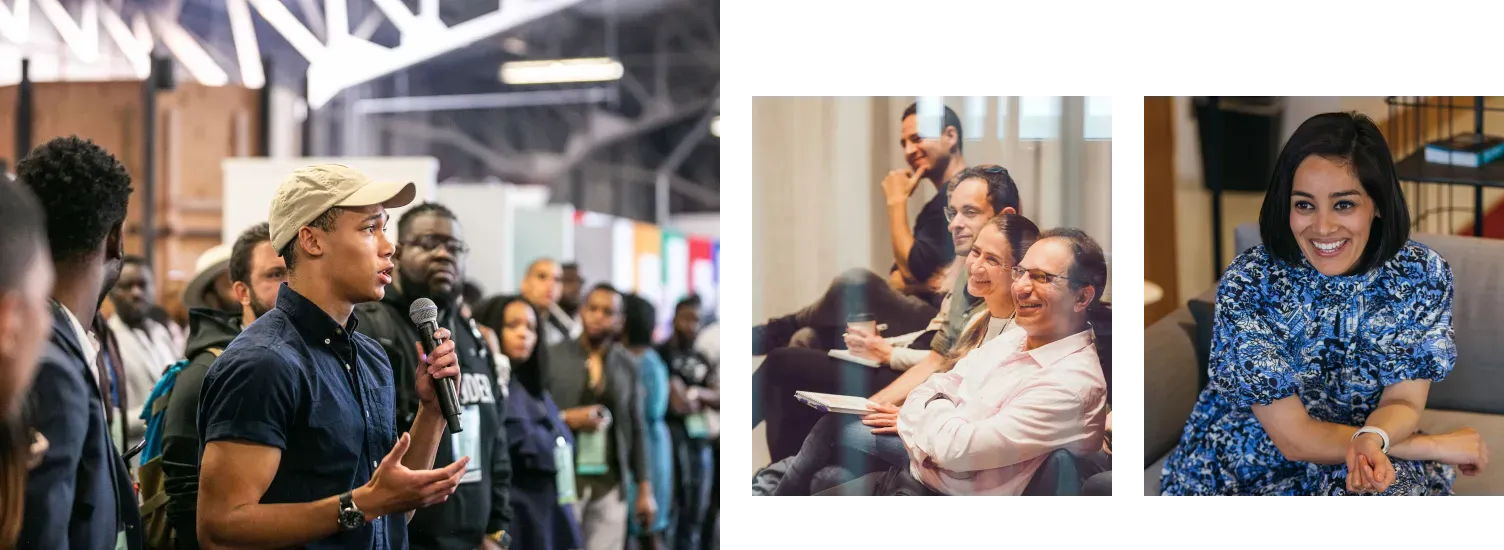 A man wearing a cap speaking on the mic, others listening to him while looking at him; 3 men and a woman laughing while looking at something; A woman with short hair smiling while sitting on couch
