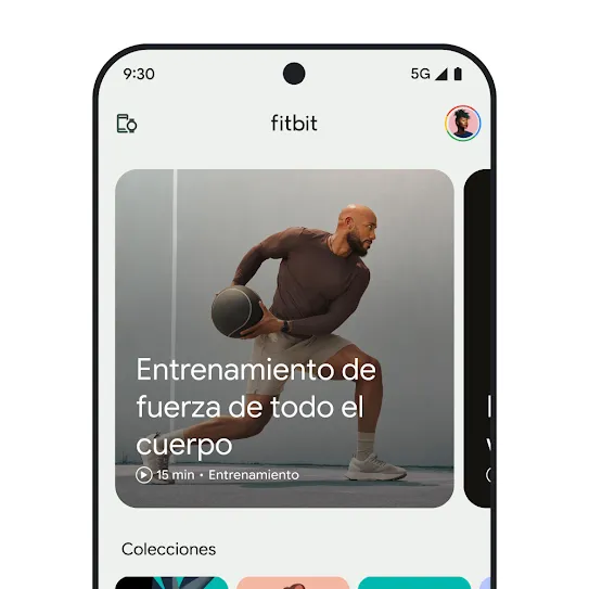 Imagen de la pantalla de un smartphone con la aplicación Fitbit abierta, en la que se muestra la imagen de un entrenamiento de fuerza de todo el cuerpo.