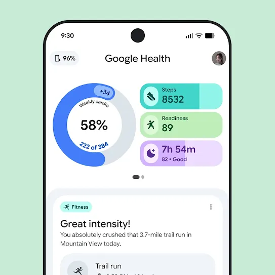 Visual of a smartphone screen with the Google Health app open, displaying a summary of a workout.