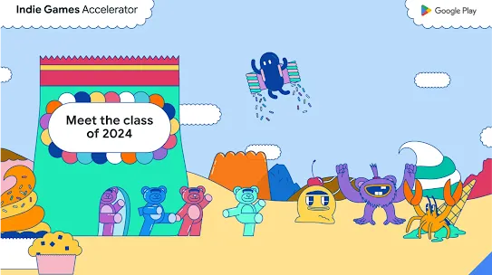 An illustration shows a collection of bears and other creatures celebrating alongside a banner promoting the Indie Games Accelerator